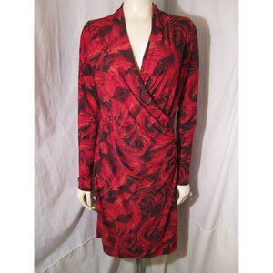 Norma Kamali Red Black Feather Print Jersey Knit Faux Wrap Dress size M